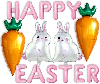 Pink Easter Balloons Carrot Balloon Bunny Rabbit Foil Balloon for Happy Easter Party Decorations Bunny Birthday Party Supplies Balloons Set-15 Pcs