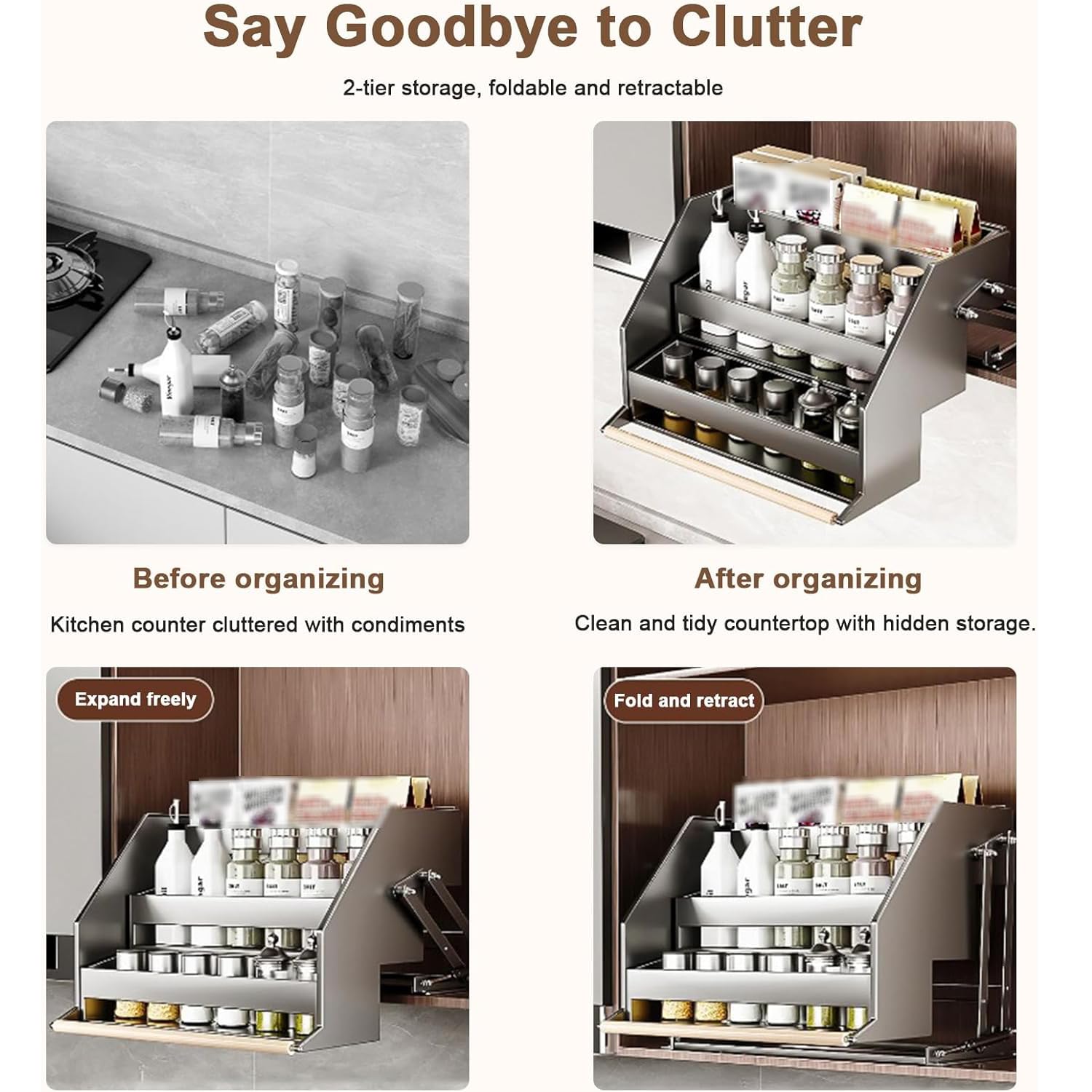 Heavy Duty 2 Tier Pull Down Regal, Grauer raumsparender Schrank-Organizer mit Dämpfung, abnehmbare Körbe für Speisekammer Lagerung, einfache Installation Faltbares Design
