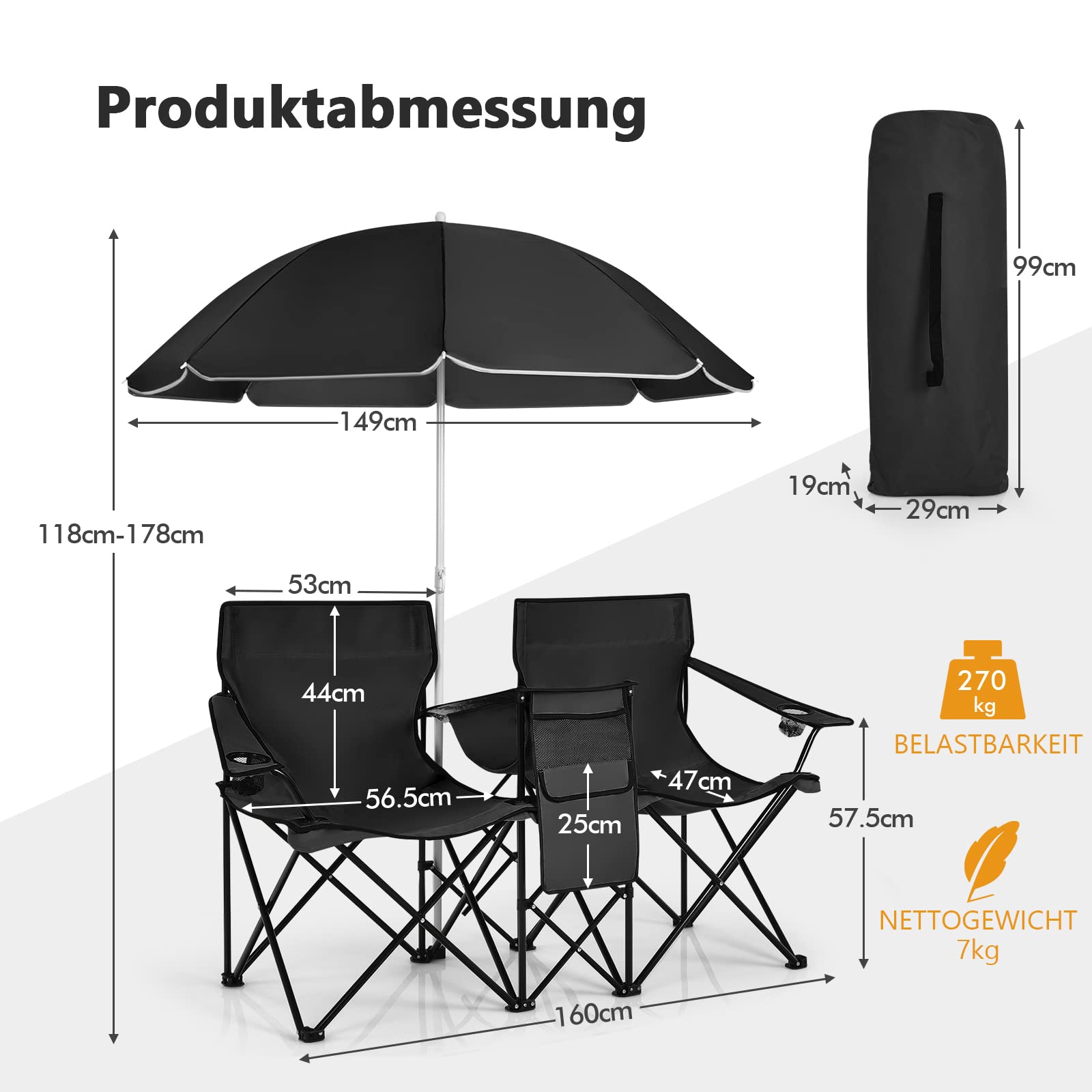 COSTWAY 2-Sitzer Campingstuhl mit Sonnenschirm, Kühltasche, Getränkehalter & Seitentasche, klappbarer Angelstuhl mit Tragetasche, Faltstuhl, Klappstuhl für Camping, Angeln, Picknick (Schwarz)