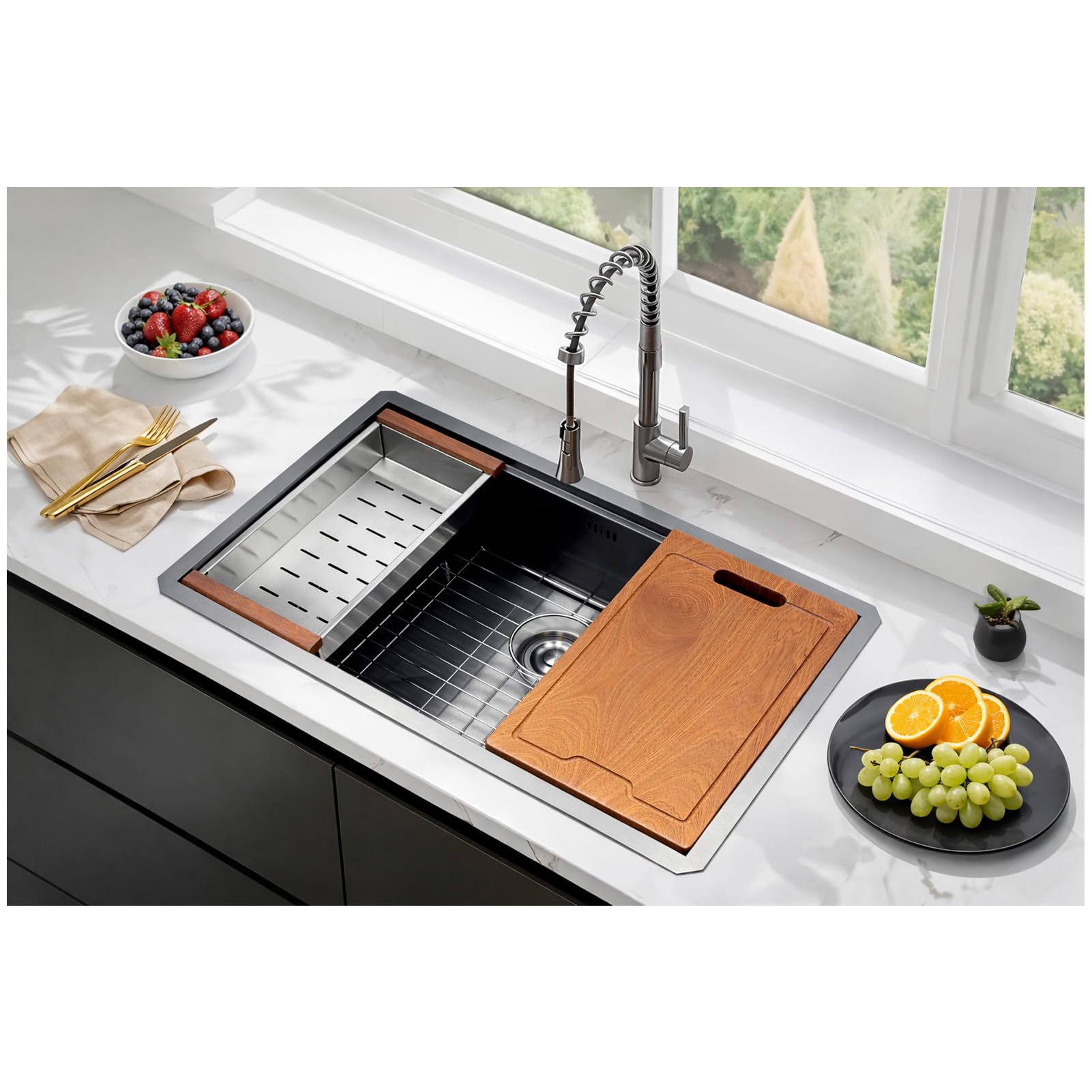 ZQFHSX Kitchen Sink, Stainless Steel, Black, Anthracite, 75 x 50 cm, with Draining Rack, Drip Basin, Chopping Board, Siphon, Drain Pipe, Undermount or Countertop 1 Sinks Sink