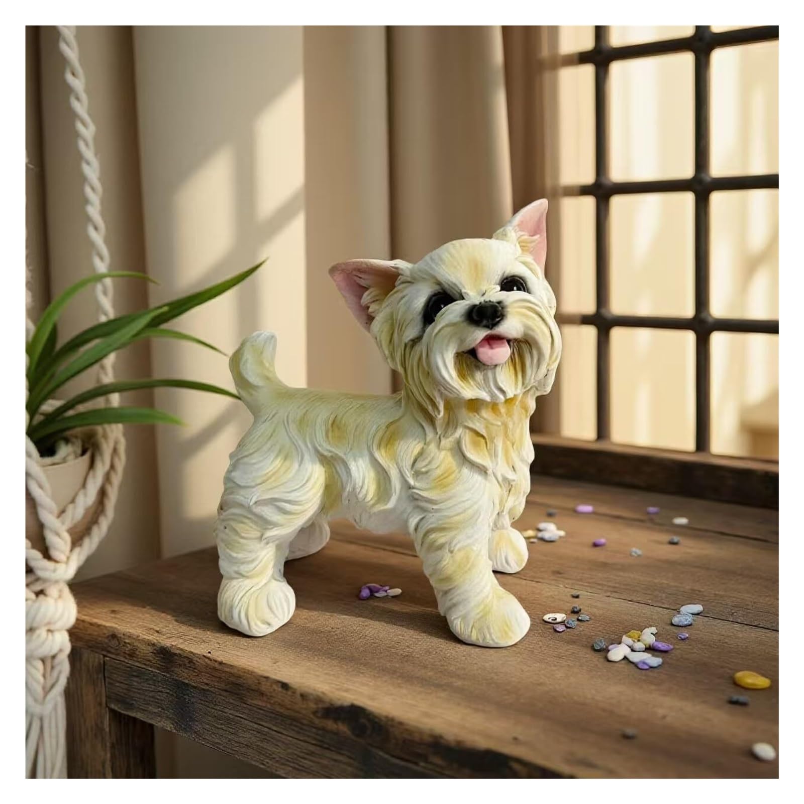 FriendshipHome Desk Figurines Decorative Cute Flocking Terrier Figurine Resin Home Decor Accent Home Décor Accents(Yellowish-white)