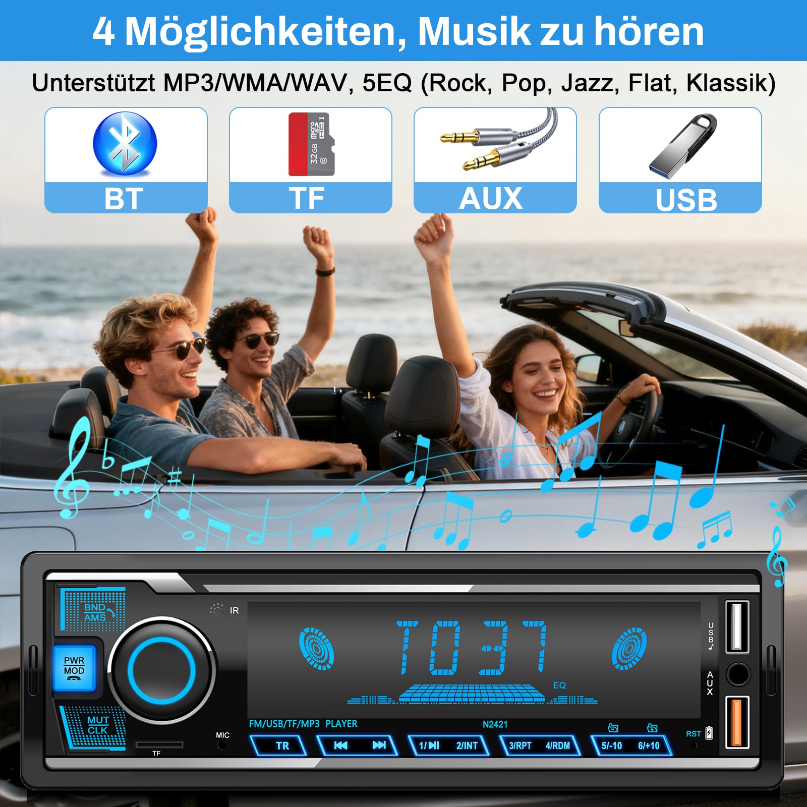 Autoradio Bluetooth,Auto Radio Bluetooth Radio mit 7 Farben Licht Einstellbar 1 Din Autoradio Bluetooth FM mit 2USB/AUX/TF MP3 Player Unterstützt iOS und Android