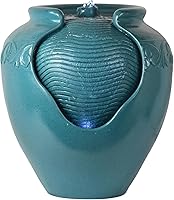Teamson Home Teal Glazed Pot Outdoor Water Fountain with LED Lights & Pump - 17" Patio Garden Decor