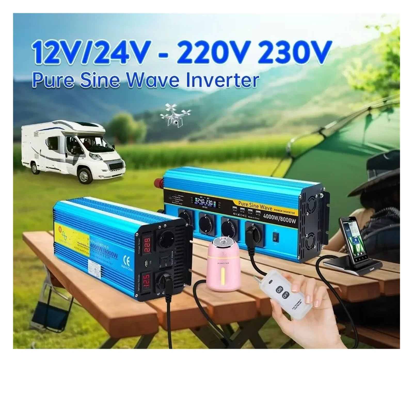 Convertidor Inversor Transformador Inversor Onda Sinusoidal Pura 8000W CC 12V/24V A CA 220V/230V Control Remoto Pantalla LCD Convertidor para Autocaravana Batería Solar(AC24V,50Hz Uni,6000W Peak)
