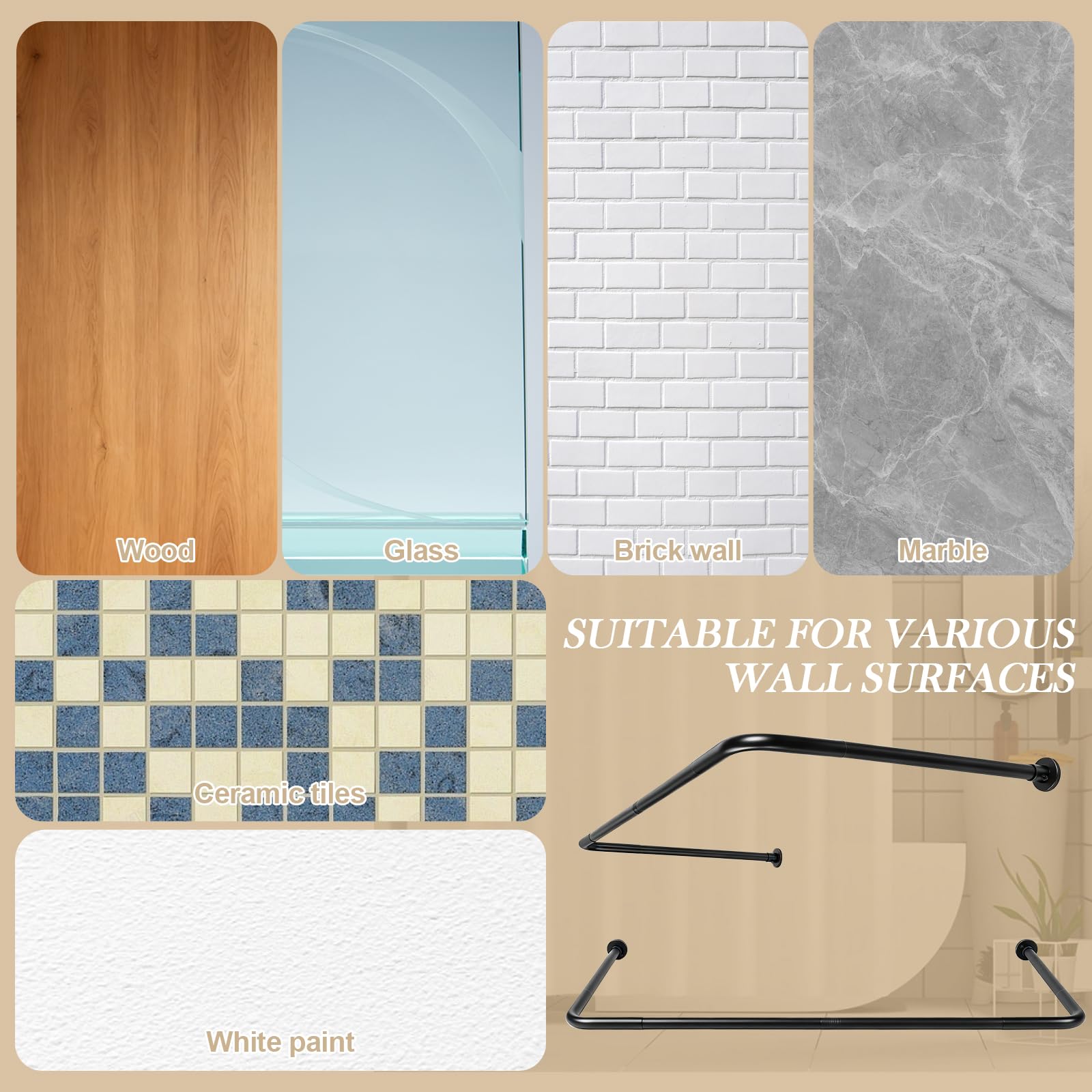 Duschvorhangstange U Form & L Form Verstellbare Duschstange Edelstahl Eckstange mit Vorhangringen und Deckenstütze für Badewanne Dusche (Schwarz TypA)