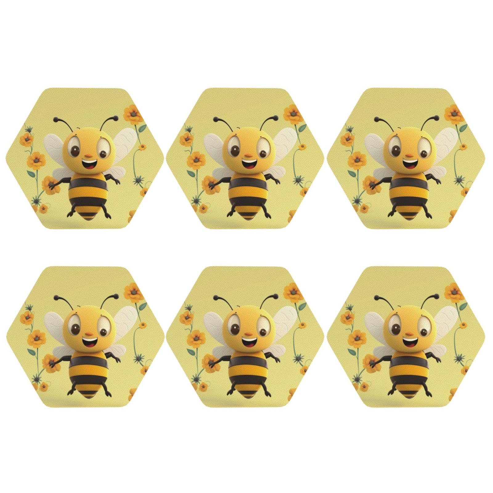 6pcs Leather Coasters for Drinks, Happy Bee Drink Coasters for Tabletop Protection, 4" Cup Coasters for Coffee Table Decor, Non-Slip Drinking Cup Mat for Hot Or Cold Drink