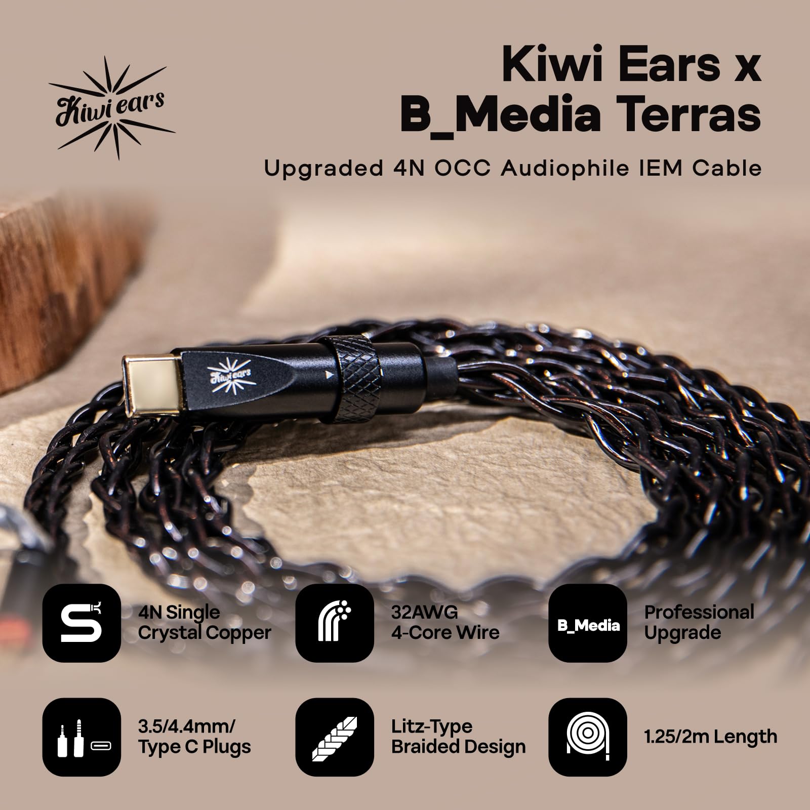 Linsoul Kiwi Ears x B_Media Terras, Connettore USB Tipo C/3,5 mm/4,4 mm, Cavo per IEM a 4 Nuclei in Rame Monocristallino 4N 32 AWG, HiFi da 1,25 m per Astral Orchestra II Arete Hype4