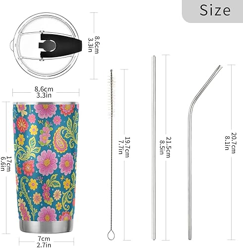 Miniatura 3 de Taza de café de acero inoxidable azul con estampado de hojas de flores vintage con pajilla, resistente a fugas, a prueba de derrames, a prueba de