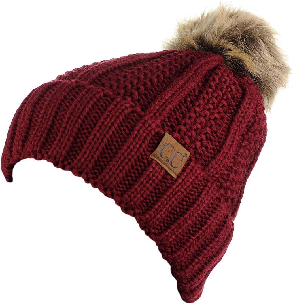 C.C Thick Cable Knit Faux Fuzzy Fur Pom Fleece Lined Skull Cap Cuff Beanie - Image 3