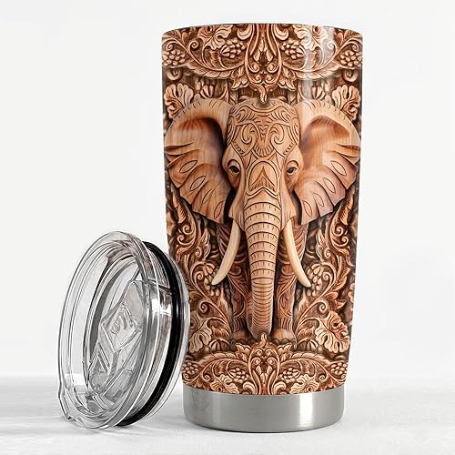Miniatura 3 de SANDJEST Vaso de elefante de 20 onzas con diseño de elefantes, diseño de madera, de acero inoxidable, con aislamiento, taza de café, taza de viaje,