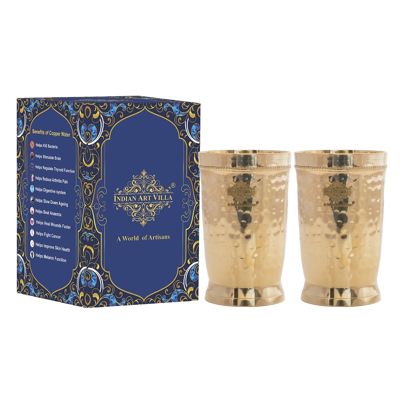 INDIAN ART VILLA Pure Brass Glass Tumblers with Hammered Pattern for Drinking Water Yoga and Ayurveda 300ml (Pack of 2)