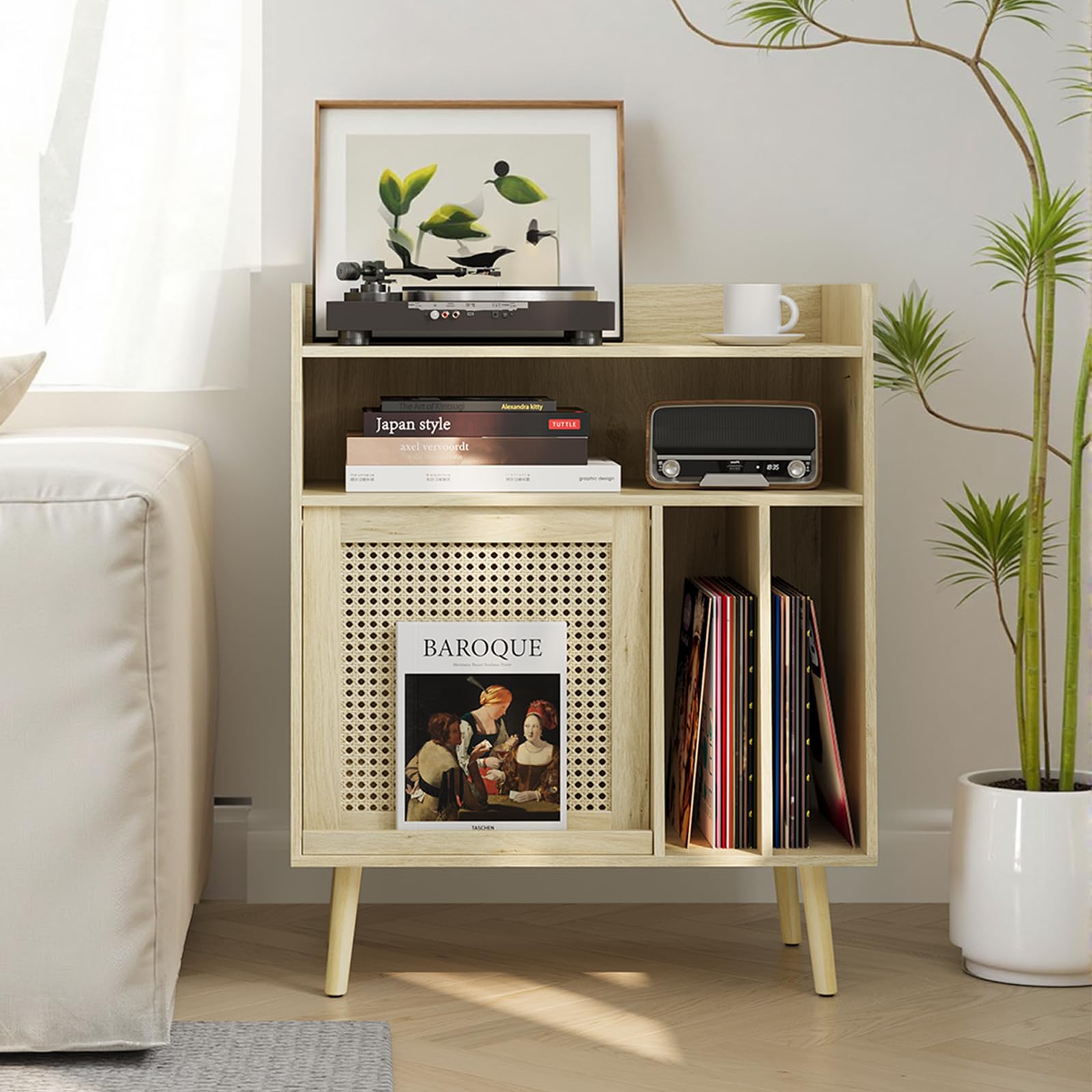 Kiasthome Schallplattenschrank, Vinyl Aufbewahrung mit Plattenspieler-Tisch für Wohnzimmer (Hellholz Rattan - Hoch)