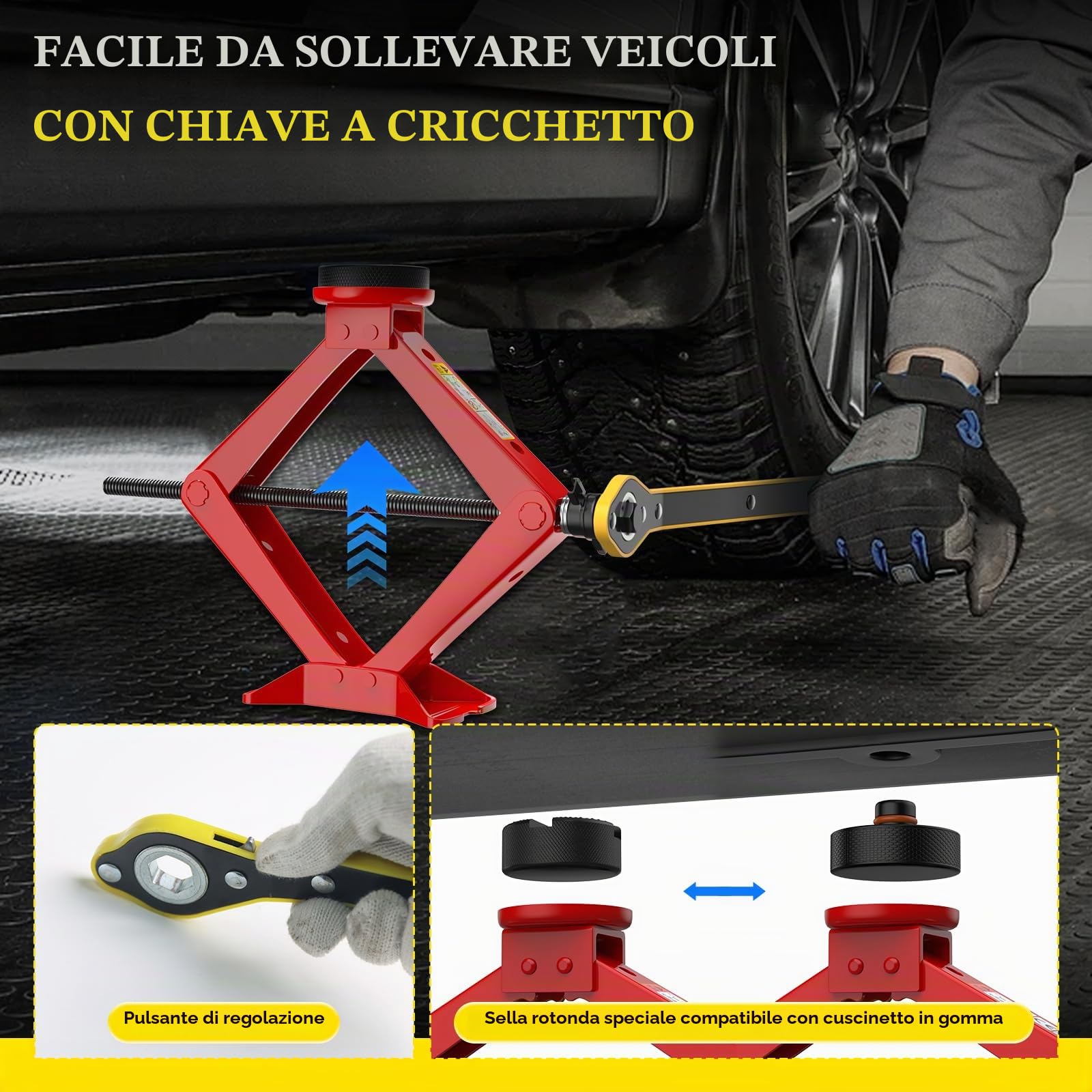 IMAYCC Cric Per Auto 2.5T, Cric Auto Con Universale Tampone In Gomma, 2500KG Cric Portatile Per Auto Con Chiave Per Dadi Ruota,Kit Emergenza Auto Per SUV MPV Tesla 3/Y/S/X Manutenzione e Riparazione