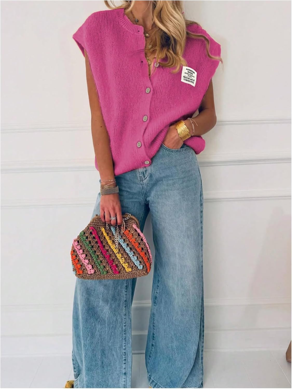 GORGLITTER Women's Short Sleeve Button Up Sweater Vest Tops Fall Cozy Casual Trendy Patched Crew Neck Knit Cardigan Top - Image 5