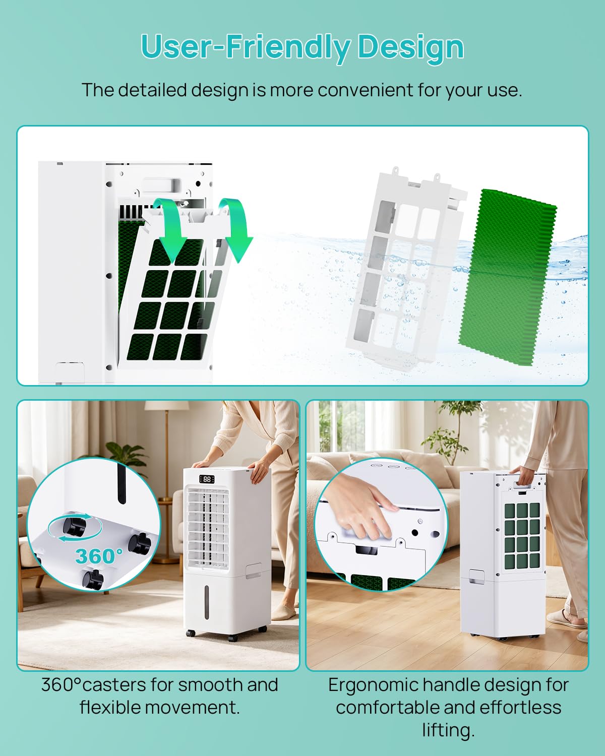 Aire Acondicionado Portatil 4 en 1, Enfriador de Aire con 4 Modos & 3 Velocidades, Temporizador 1-12H, Oscilación,Tanque de 6L, 4 Packs de Hielo, Control Remoto, Silencioso, para Oficina Hogar
