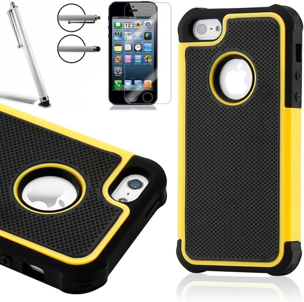 iPhone 5 Case, iPhone 5S Case, Zeox® Rugged Sereis Hard PC and Soft TPU Case Cover with Screen Protector and Stylus- Rugged (Yellow)