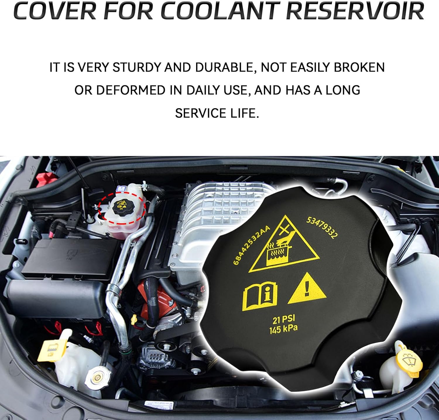 Radiator Coolant Reservoir Recovery Cap Cover Replacement 68442532AA, Engine Coolant Bottle Antifreeze Reservoir Tank Cap for Dodge Jeep Ram Chrysler Cherokee Durango Replace 68249136AA 53479332