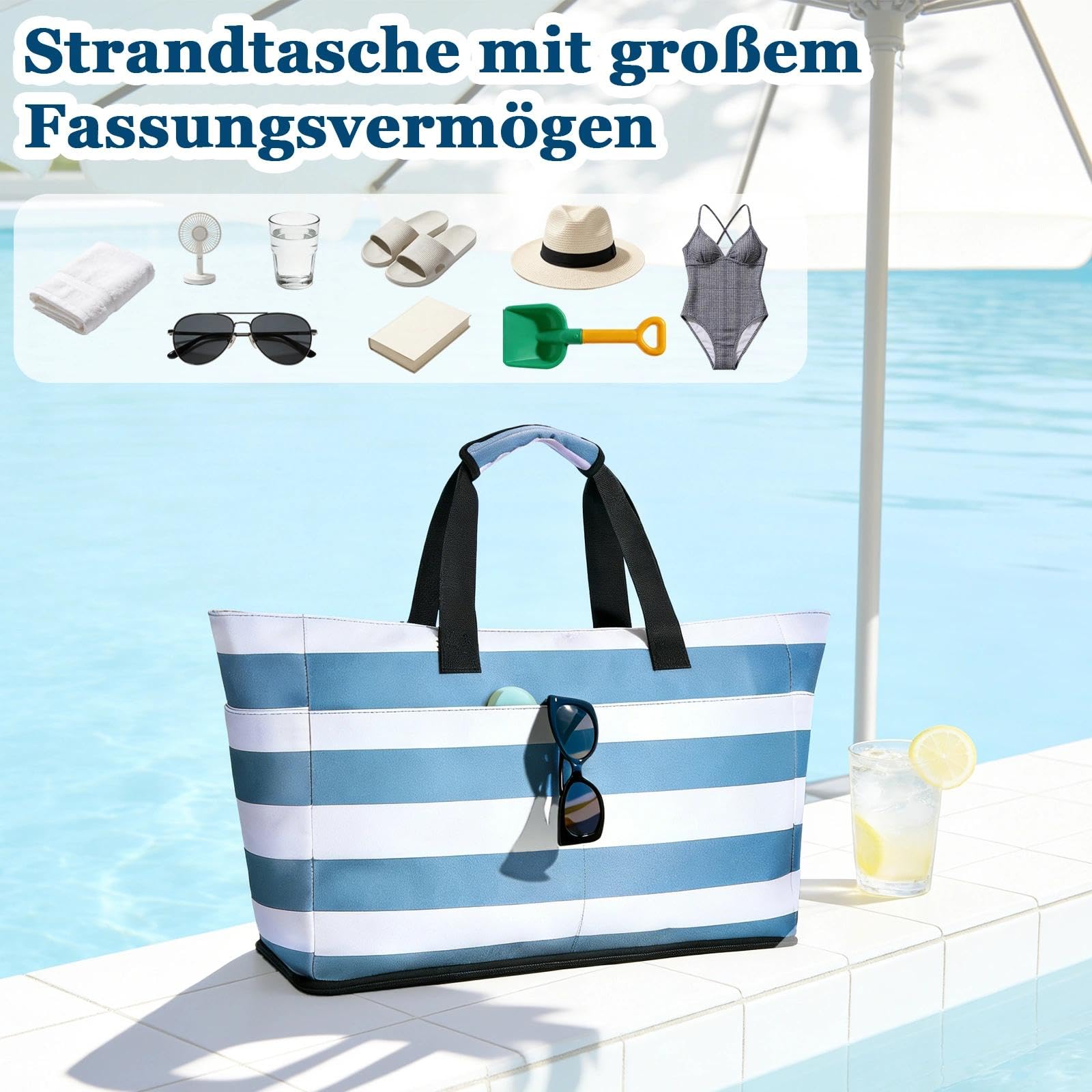 Grande borsa da bagno da spiaggia, grande borsa da spiaggia con chiusura lampo, pieghevole, ultraleggera