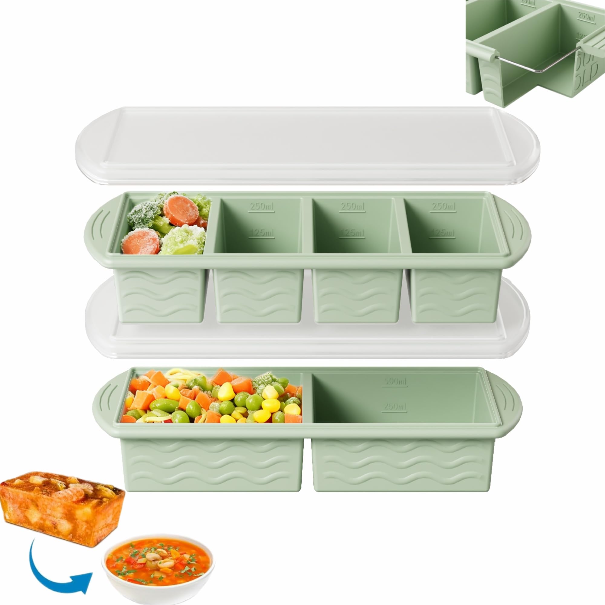 Theuwnee® 2-Pack Silicone Freezer Tray with Lid - Soup Freezer Container molds - Large Ice Cube Tray- Makes 8 Perfect 1 Cup portions Cubes, Freezer Storage Food Soups & Meal Prep (4+2Green)