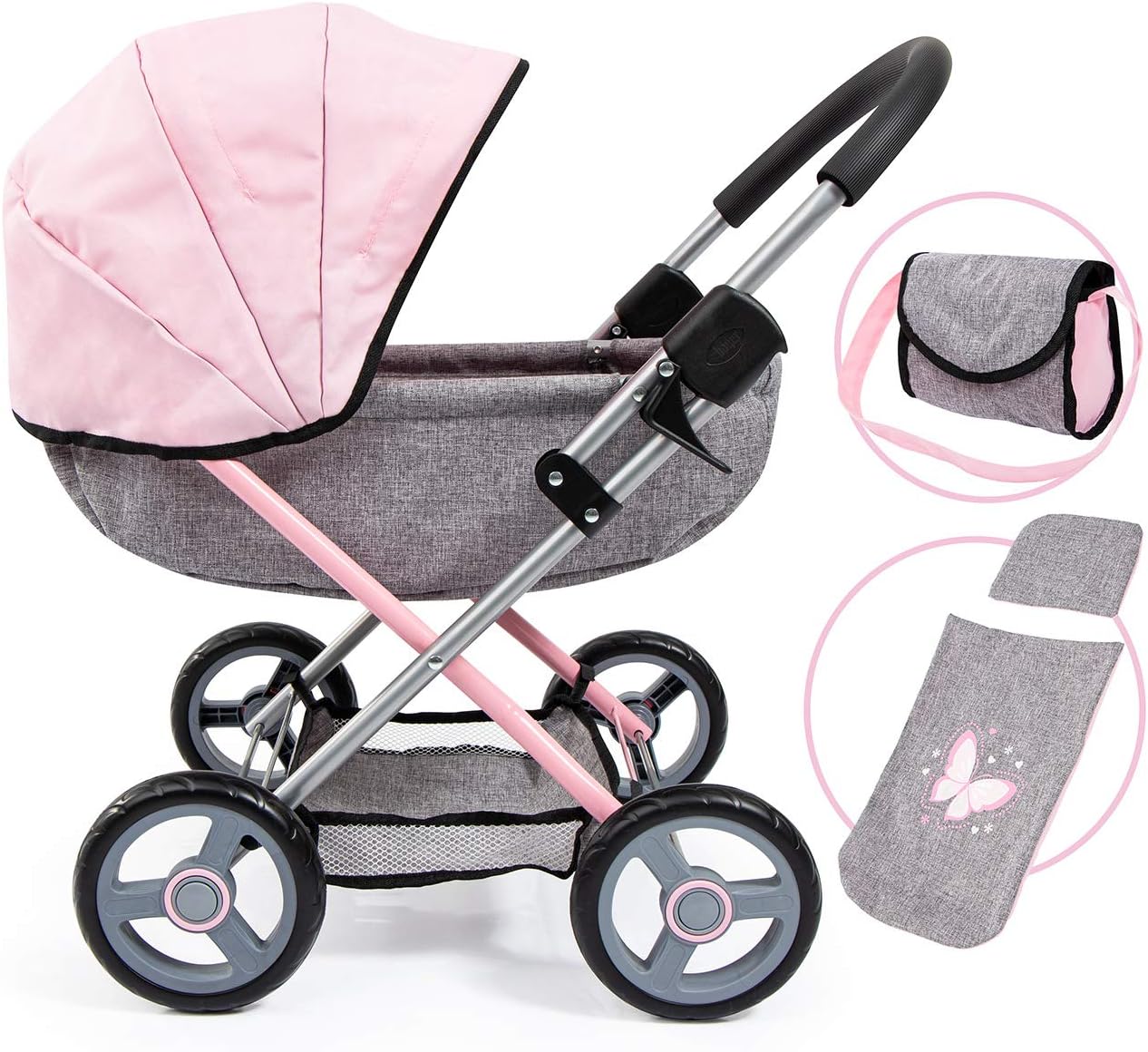 Bayer Cosy Baby Doll Pram and Matching Baby Doll Accessories for 46cm Dolls - Foldable Pushchair with Storage Basket, Changing Bag & Large Wheels - Dolls Pram for 3 year Olds Girls, Boys, Toddler Toy
