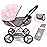 Bayer: 4-in-1 Toy Baby Doll Pram Stroller Cosy Set - Dolls Up to 18 (Pink/Grey) | Baby Dolls | Pretend | Dress up | Accessory