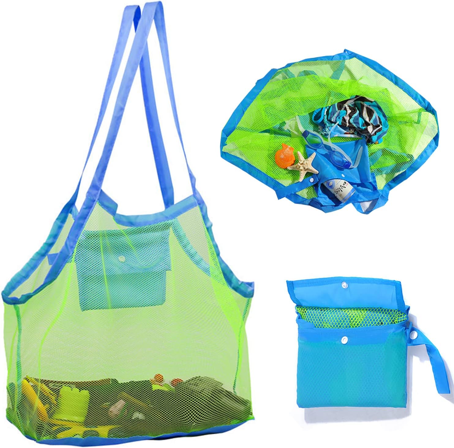 Bolsa Plegable de Malla de Playa, 2 Piezas Bolsa Playa Juguetes, Niños Bolsa de Playa, Bolsa de Juguetes Playa, Gran Bolsa de Malla de Playa, para Niños perfecta para unas Vacaciones en la Playa