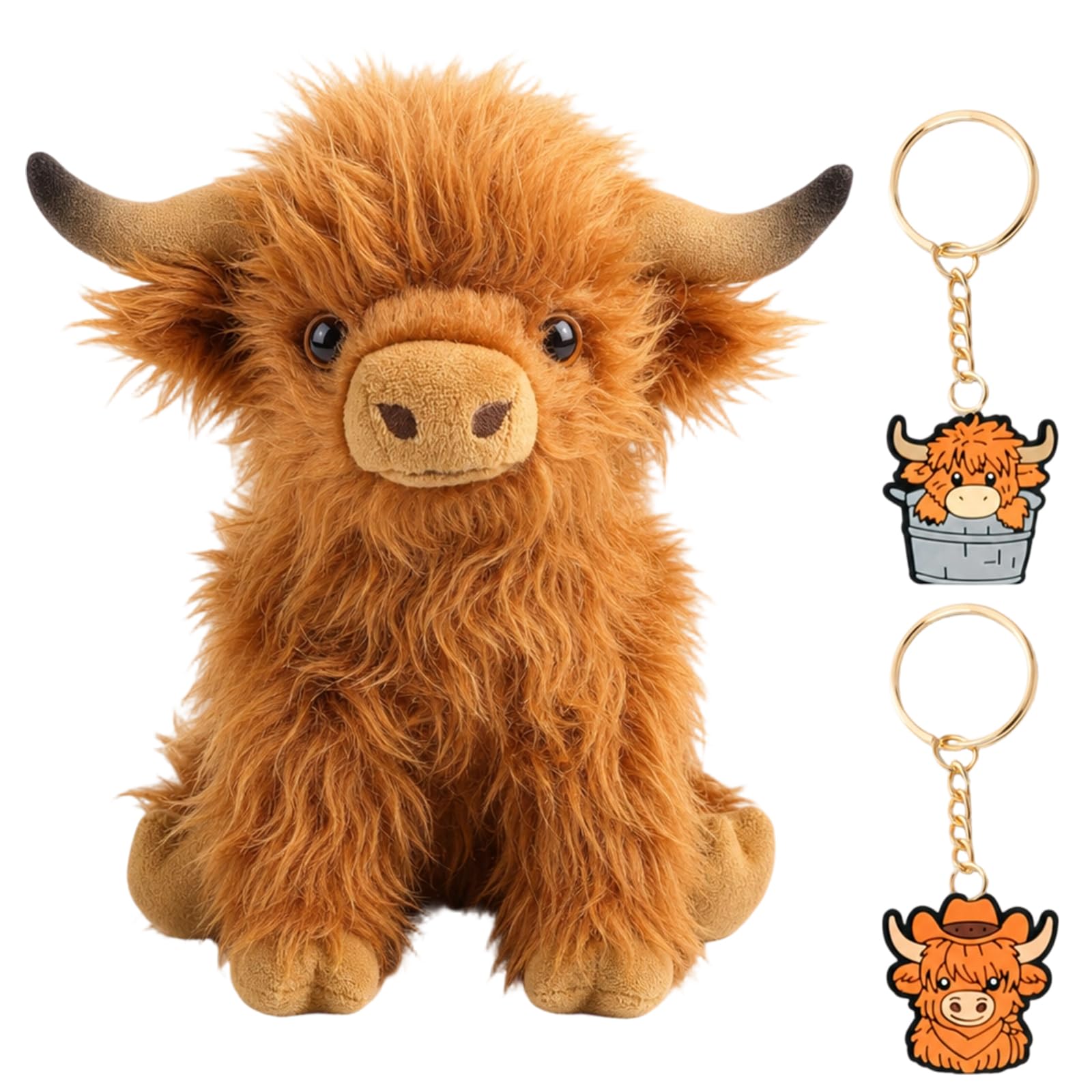 EujRcf Highland Cow Teddy with Two Keyrings, 25 cm Highland Cow Plush Toy
