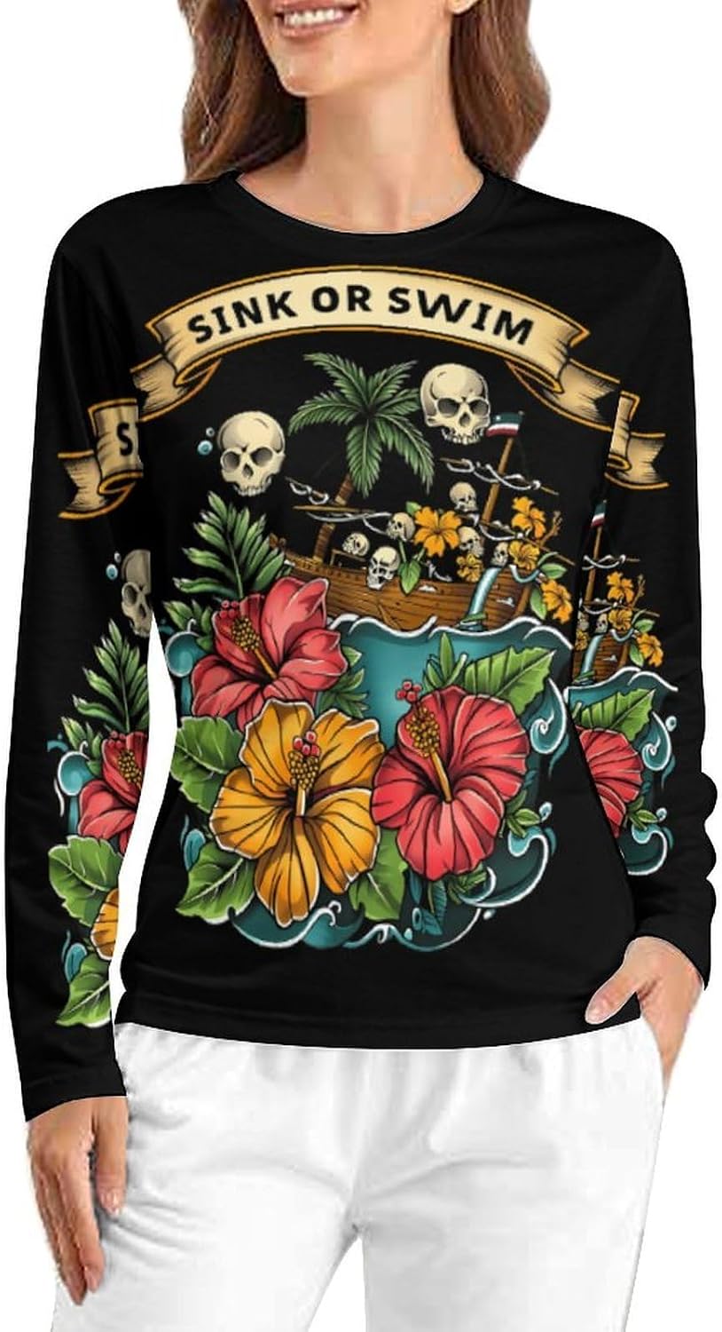 Hwaiian Adventure Skull Silk Or Swim Women's Pajama Top Sleepwear Pajamas Sleep T-Shirt Long Sleeve Shirt Crewneck Tee