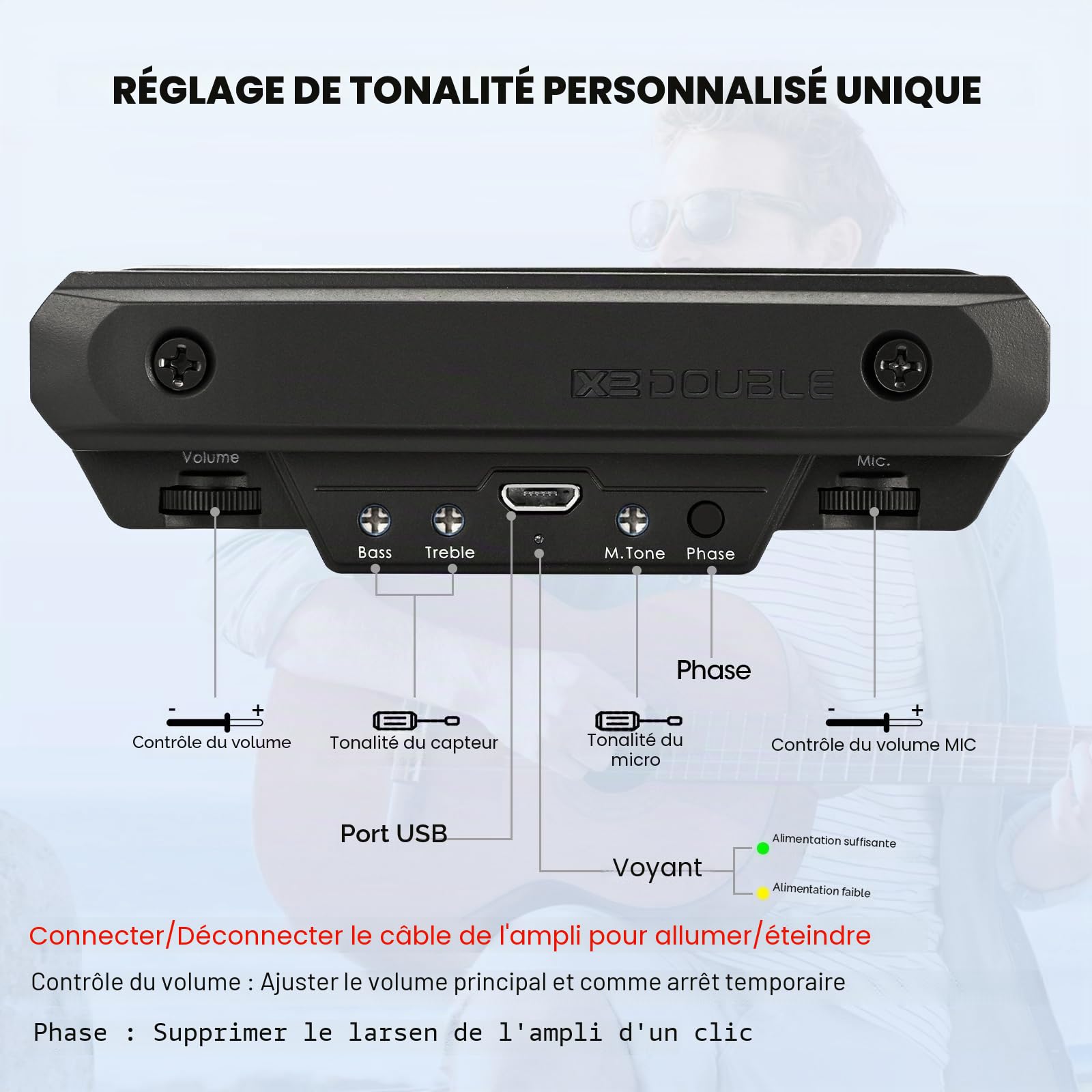 Micro de Guitare Acoustique Rechargeable Actif avec Bobine Magnétique et Contrôle du Volume