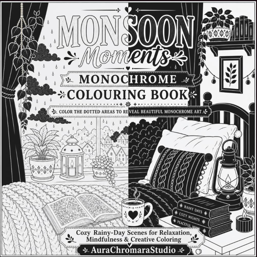 Monsoon Moments Monochrome Colouring Book: Cozy Rainy-day Scenes For Relaxation,Mindfulness and Creative Colouring