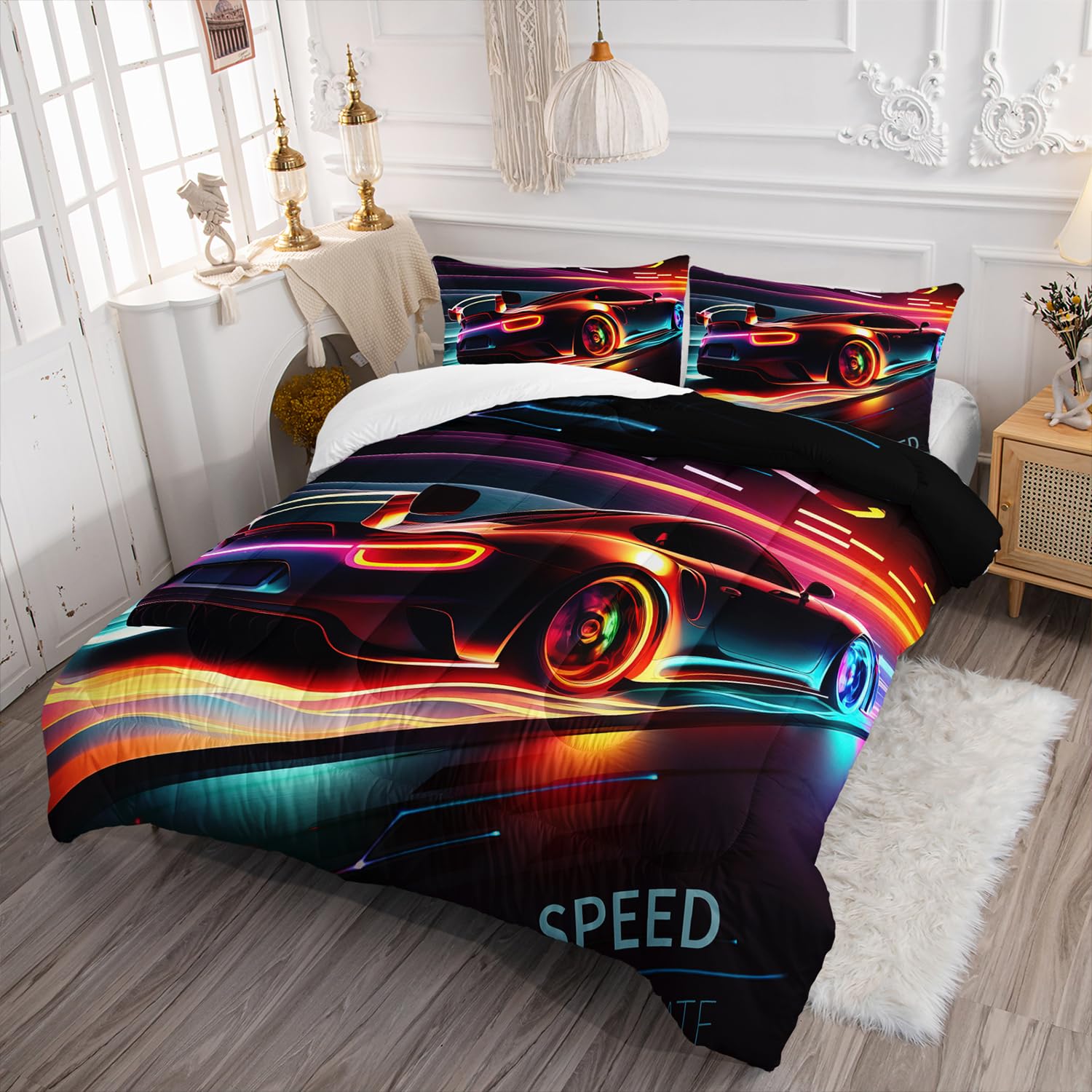 AILONEN 3D Racing Car Comforter Set Queen Size, Extreme Sports Theme Bedding for Kids Boys, Modern Race Bed in a Bag, Cool Sports Bedsheets Set, 1 Fitted Sheet 2 Pillowcases