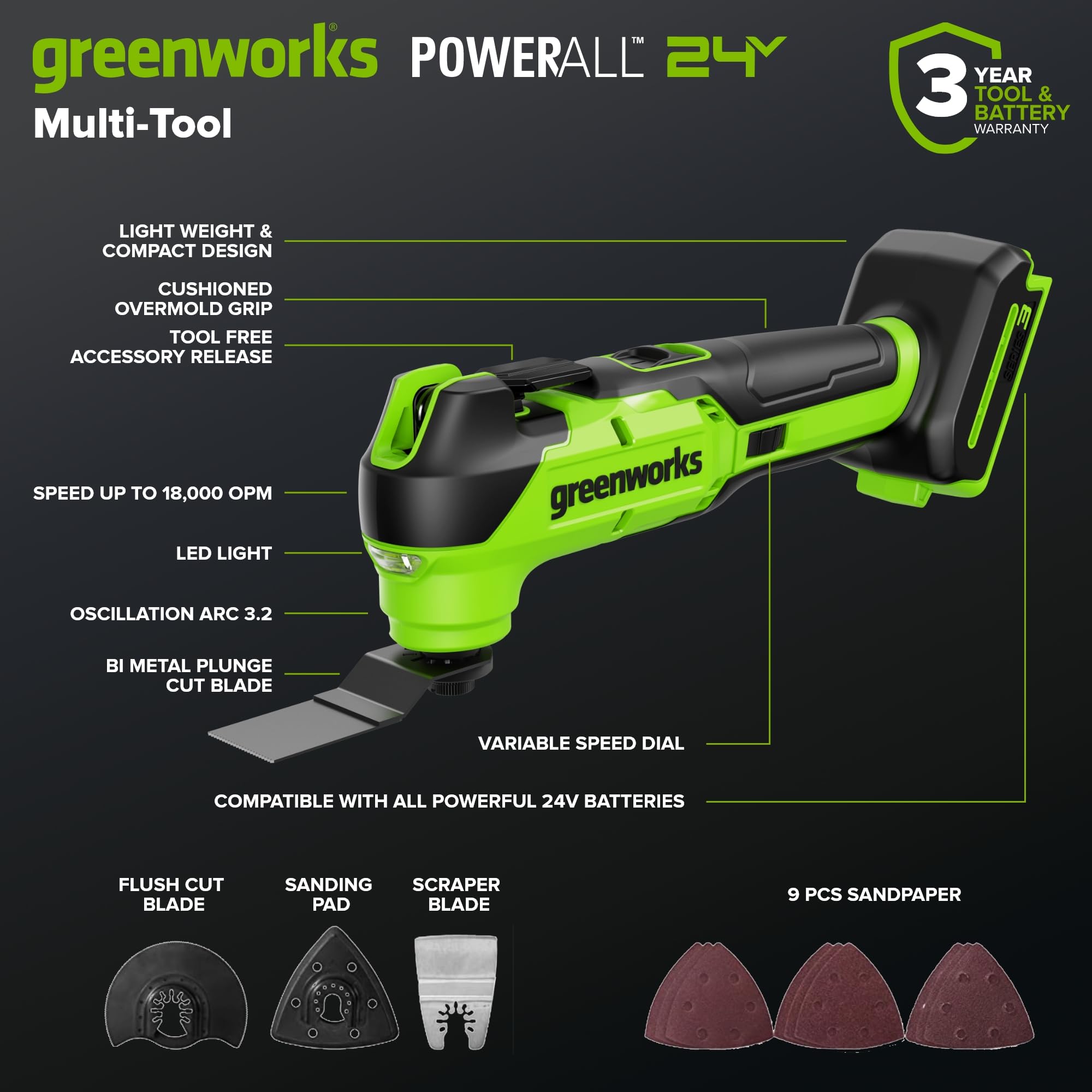 Greenworks - Combo de herramientas eléctricas inalámbricas de 24 V, sin escobillas, 5 unidades, taladro/driver + driver de impacto + sierra circular de 6.5 pulgadas + linterna de 200 lm, 4.0Ah +