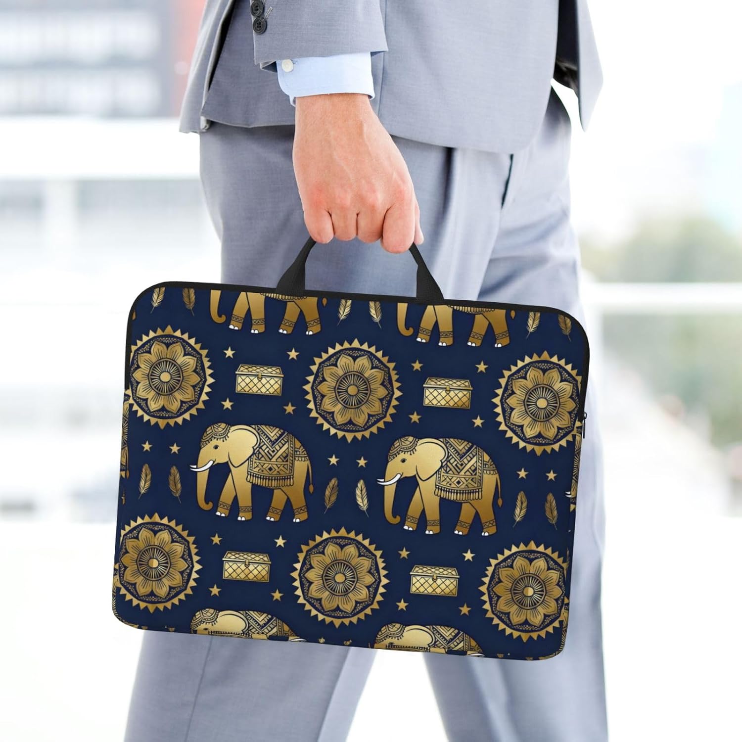 14 Inch Laptop Sleeve with Handle, Luxury Gold Elephant Mandala Navy Seamless Shockproof Water Resistant Notebook Carrying Case for Most Computers image 2