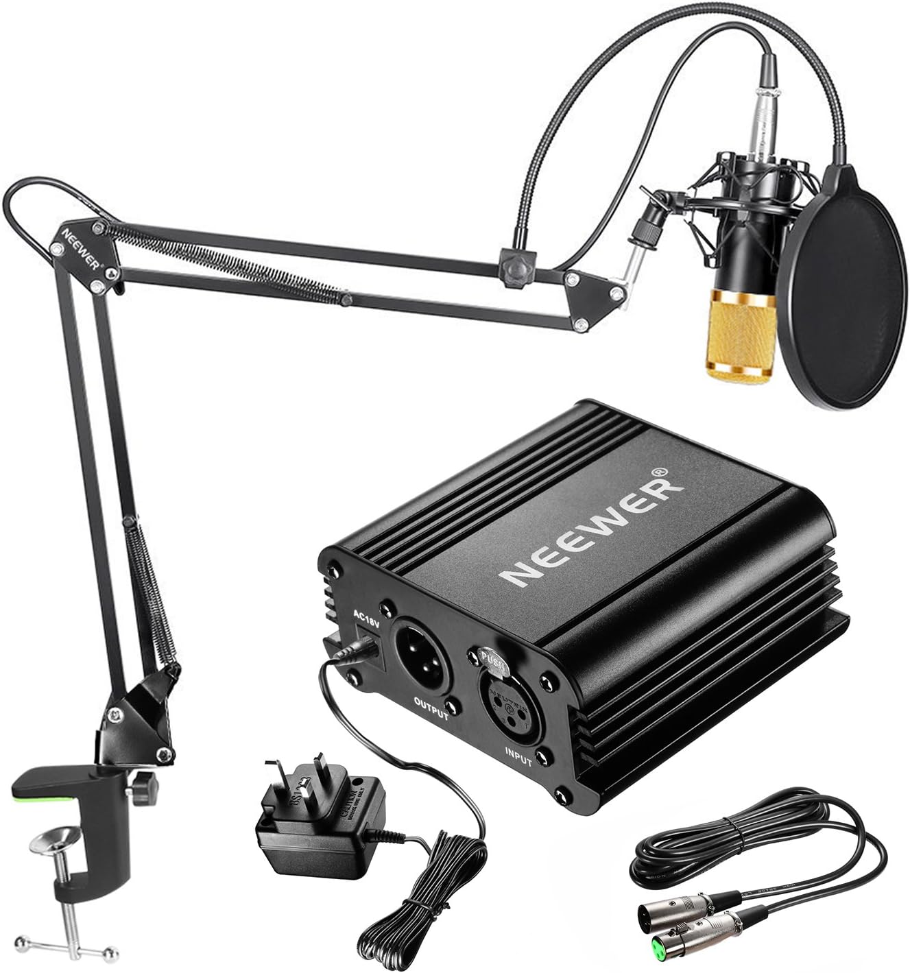 Neewer NW-800 Condenser Microphone Kit - Gold Mic Black 48V Phantom Power Supply NW-35 Boom Scissor Arm Stand with Shock Mount and Pop Filter XLR Male to Female Cable
