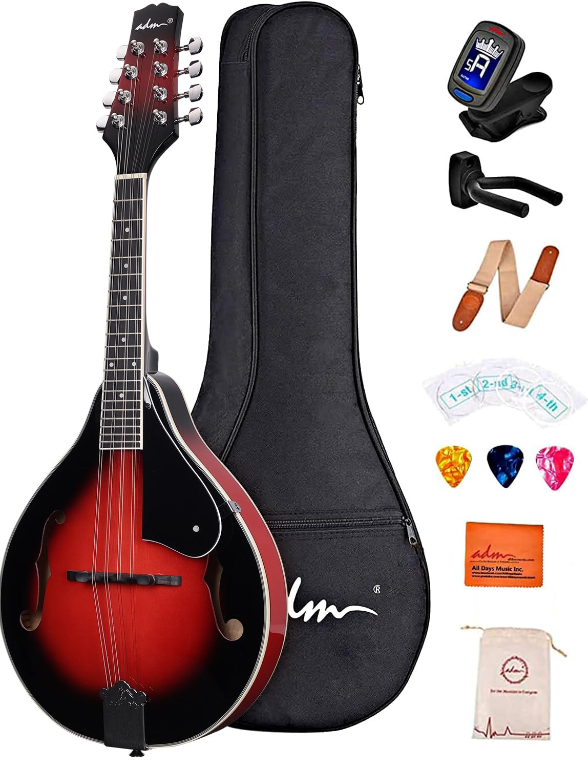 ADM Acoustic Mandolin Instrument Kit Music A Style for Kids Students Adults Wood Mandolins Beginner Set With Bag, Tuner, Pick-up, Strap, Strings, Picks and Hanger, Red