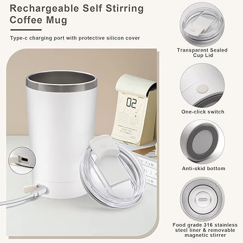 Miniatura 4 de Taza de café magnética autoagitable, taza recargable con tapa y base extraíble, taza de mezcla magnética automática, taza de agitación magnética