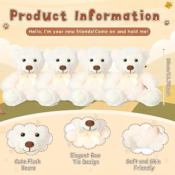 Civaner 4 Pack 14 Inches Teddy Bears Plush Stuffed Animals Cute Soft Bears Gifts Bulk for Women BFF Girlfriend(White)