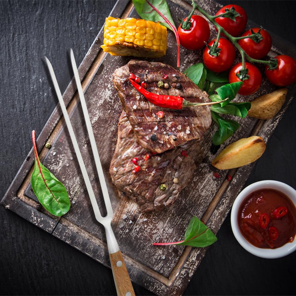 2 Piezas Tenedor para Carne, Tenedor Trinchador en Acero Inoxidable, Mango de Madera, Cuchillo Carnicero para Deshuesar, Tenedor para Trinchar, Tenedor de Parrilla Barbacoa (33.3cm/38.2cm)