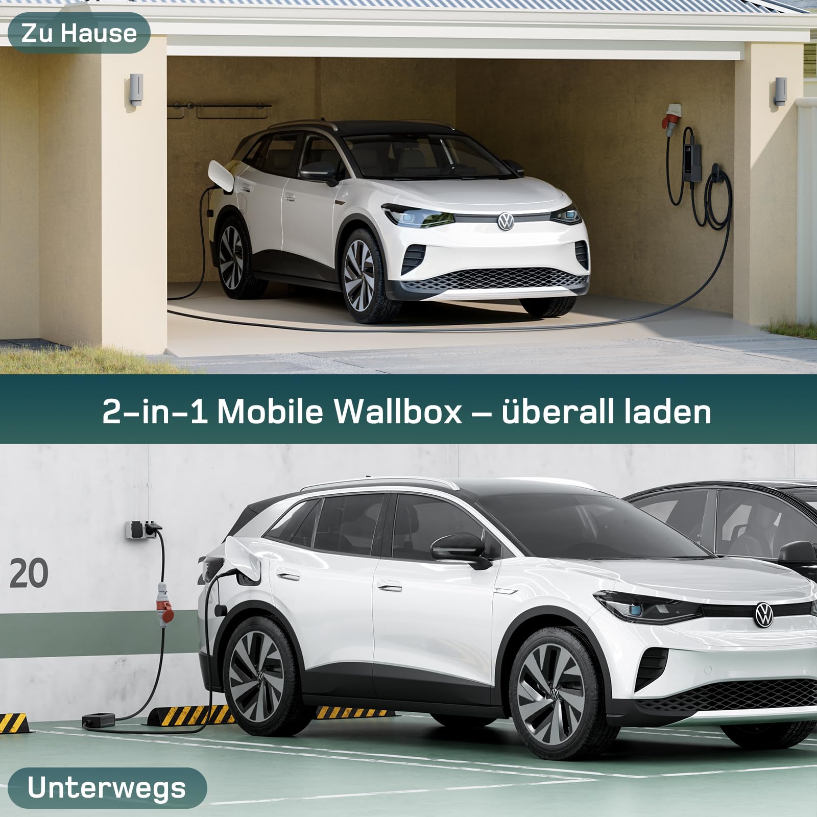 Mobile Wallbox 11kW mit APP 7m 3-phasig 6-16A Ladekabel CEE-16A 400V Typ 2 EV-Charger für ID.3/4/5/7 IX1 Model 3/Y BEV PHEV