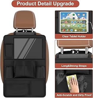 Oneyus Backseat Car Organizer with Touch Screen,Car Organizer Kick Mats Back Seat Protector with 10 Storage Pockets,Car Seat Back Organizers Storage for Snacks Drinks Toy Umbrellas for Kids Road Trip