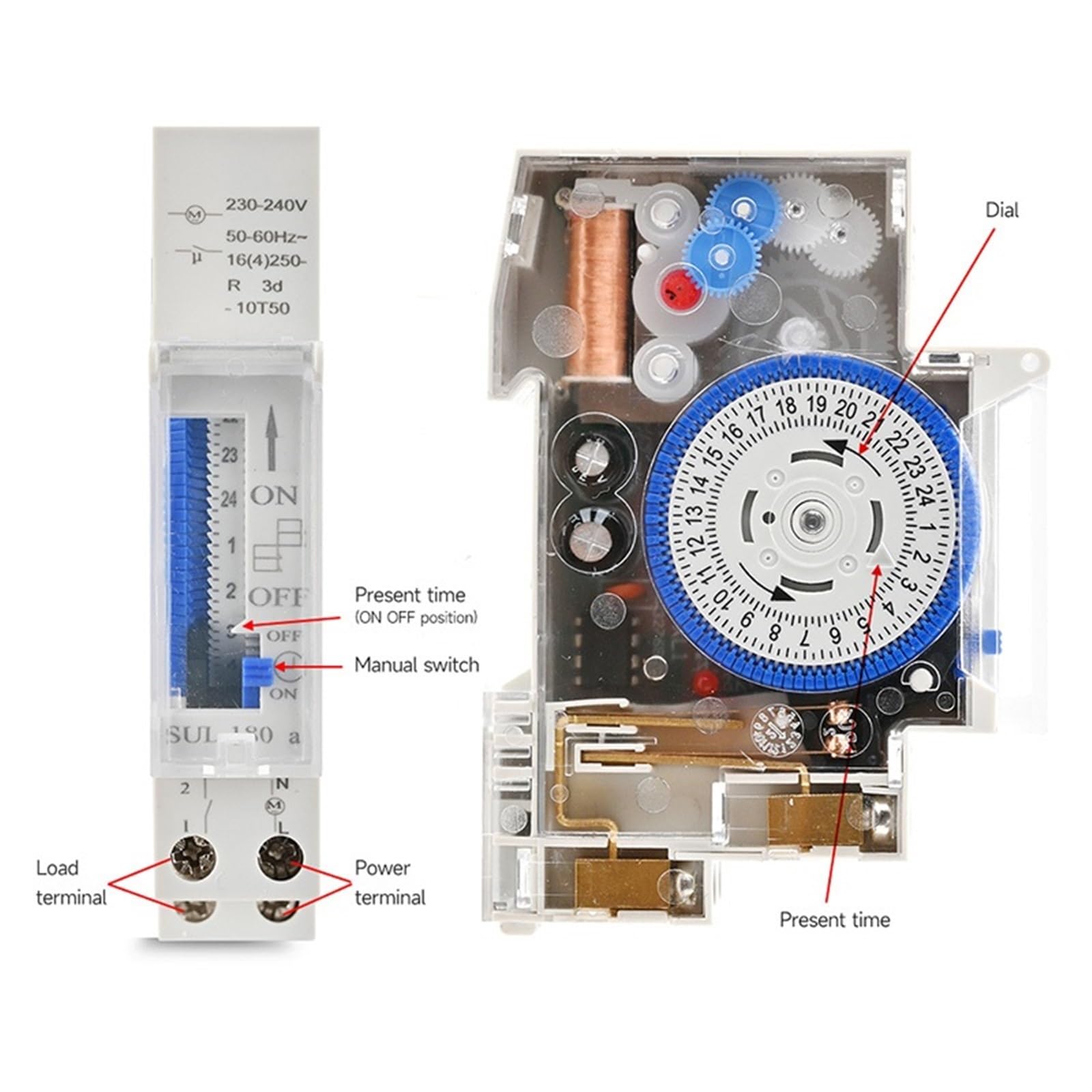 SUL180A, carril Din, 24 horas, interruptor de temporizador mecánico, análogos de relé, temporizador eléctrico programable, batería de 220V 16A