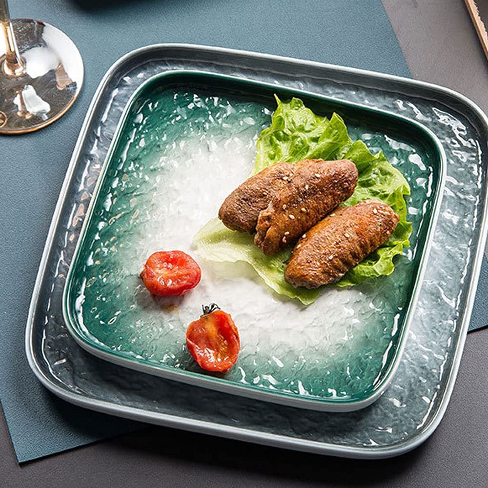 Lot de 2 assiettes plates carrées en céramique pour la maison et le restaurant Bleu et vert