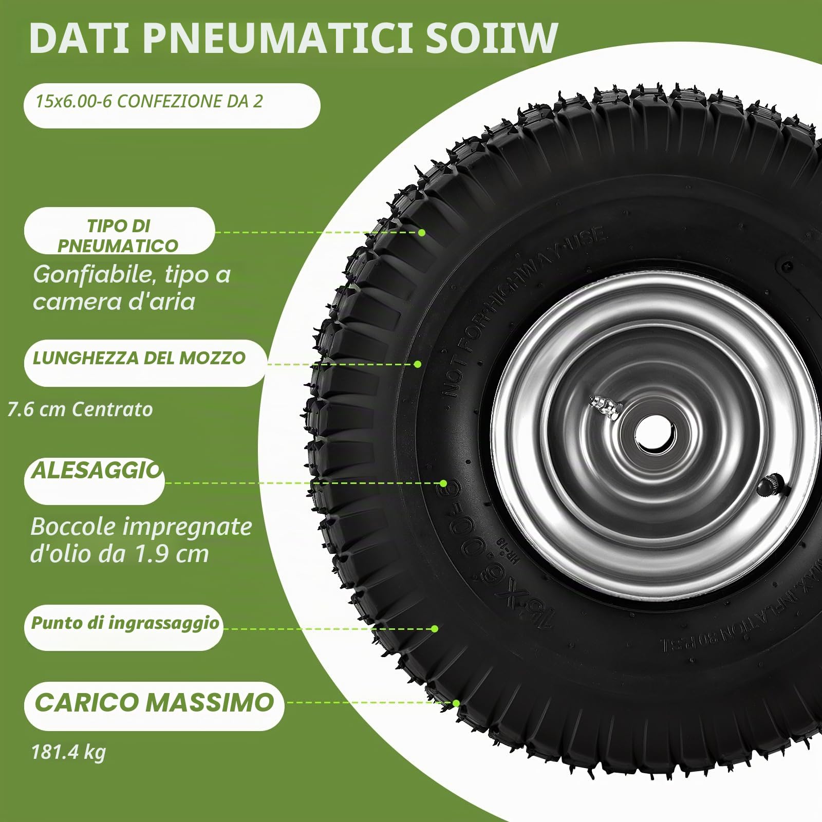 Pneumatici e Ruote Anteriori Tosaerba Confezione da 2, 15 x 6,00 – 6 per John Deere artigiani Husqvarna, 3 pollici foro centrato del mozzo ID 3/4 pollici, gomma naturale, 4 strati con tubo da 400 lbs