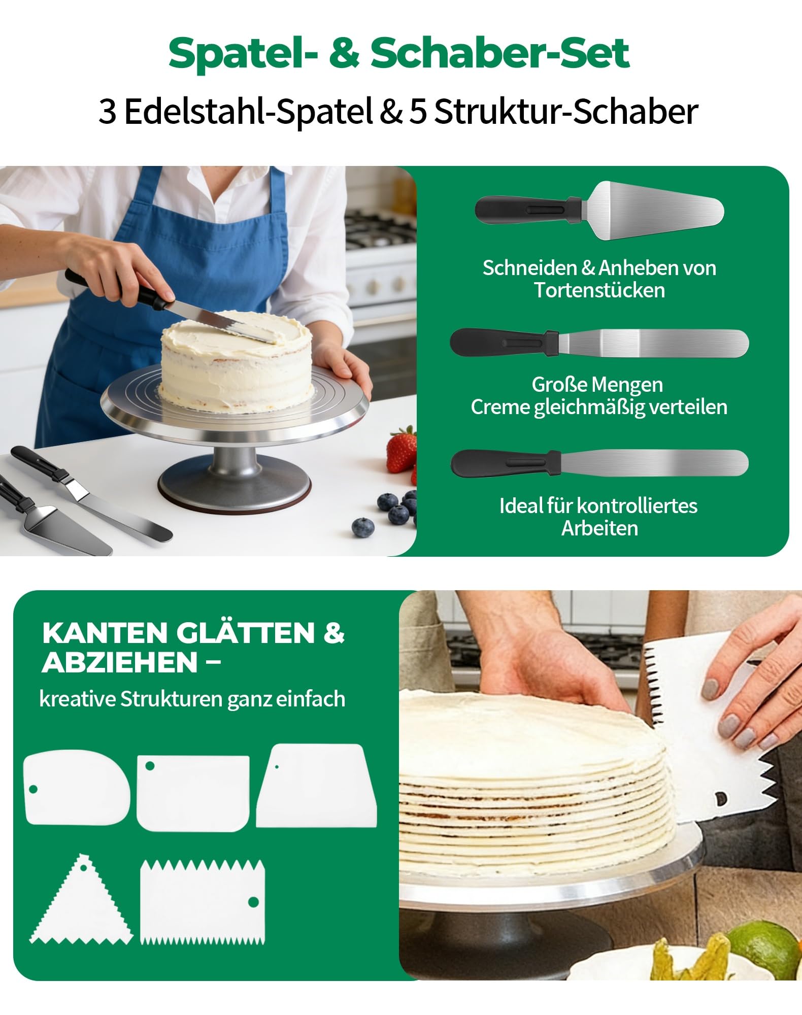 LAOYE Drehbarer Tortenteller Aluminiumlegierung Torten Drehteller 30 cm Kuchen Drehteller Tortenplatte Drehbar Set Inkl. 5 Teigschaber und 3 Streichpaletten für Kuchen Backen ,Tortendekoration