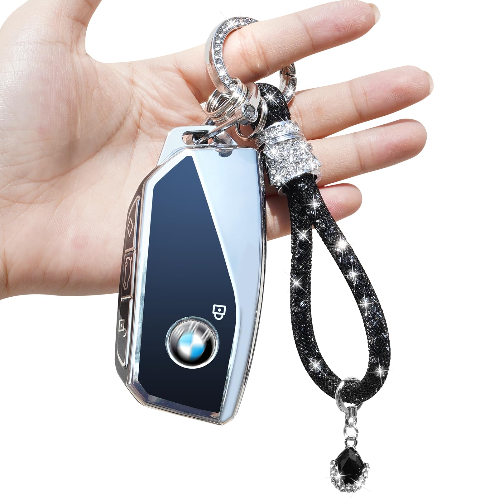 Yumzeco Car Key Case Compatible with BMW with Bling Diamonds Keychain,4 Buttons Key Fob Case for 2 3 5 7 series X1 X4 X5 X6 X7 i4 i7 iX XM,TPU Silicone KeyCover BMW Keyless KeyProtector-Black