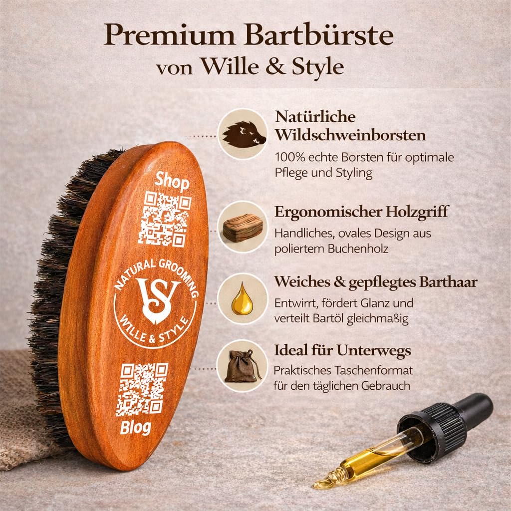 Bartpflege Set für Männer - Wille & Style Beard Bundle - Bartöl 50 ml & Bartshampoo 250 ml & Bartbürste mit Wildschweinborsten - Tägliche Pflege & Reinigung - Geschenkset