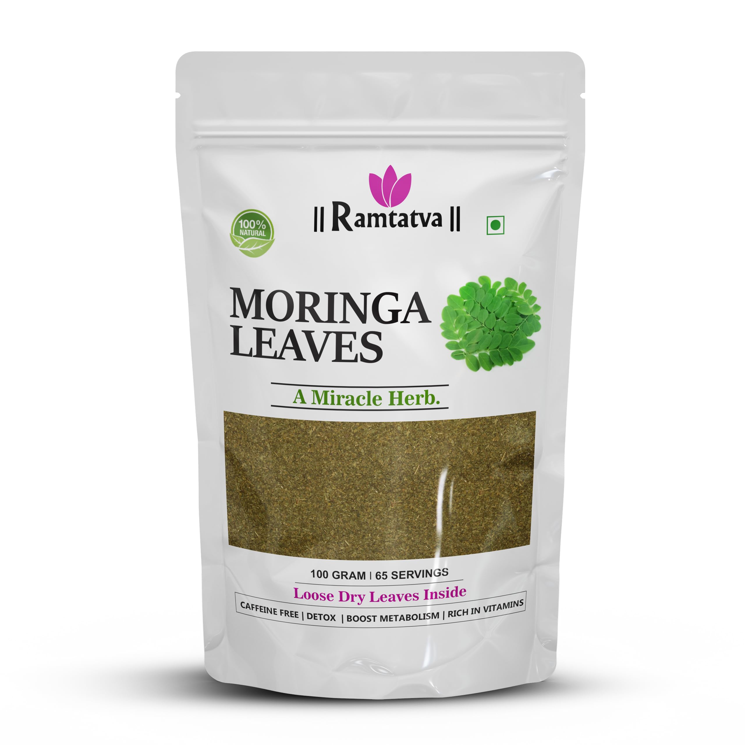 Moringa Leaves by RAMTATVA,Helps In anti-inflammatory,Joint Pain,Lower blood sugar,antioxidants,Rich in vitamins and minerals,Zipper pack(100g- 65 Serving)