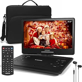- 16.9" Portable DVD Player with Headphones,14.1" HD Swivel Screen with Extra Carrying Bag,Support AV-in/Out and Multiple Disc Formats,High Volume Speaker,Black,[Not Support Blu-Ray]