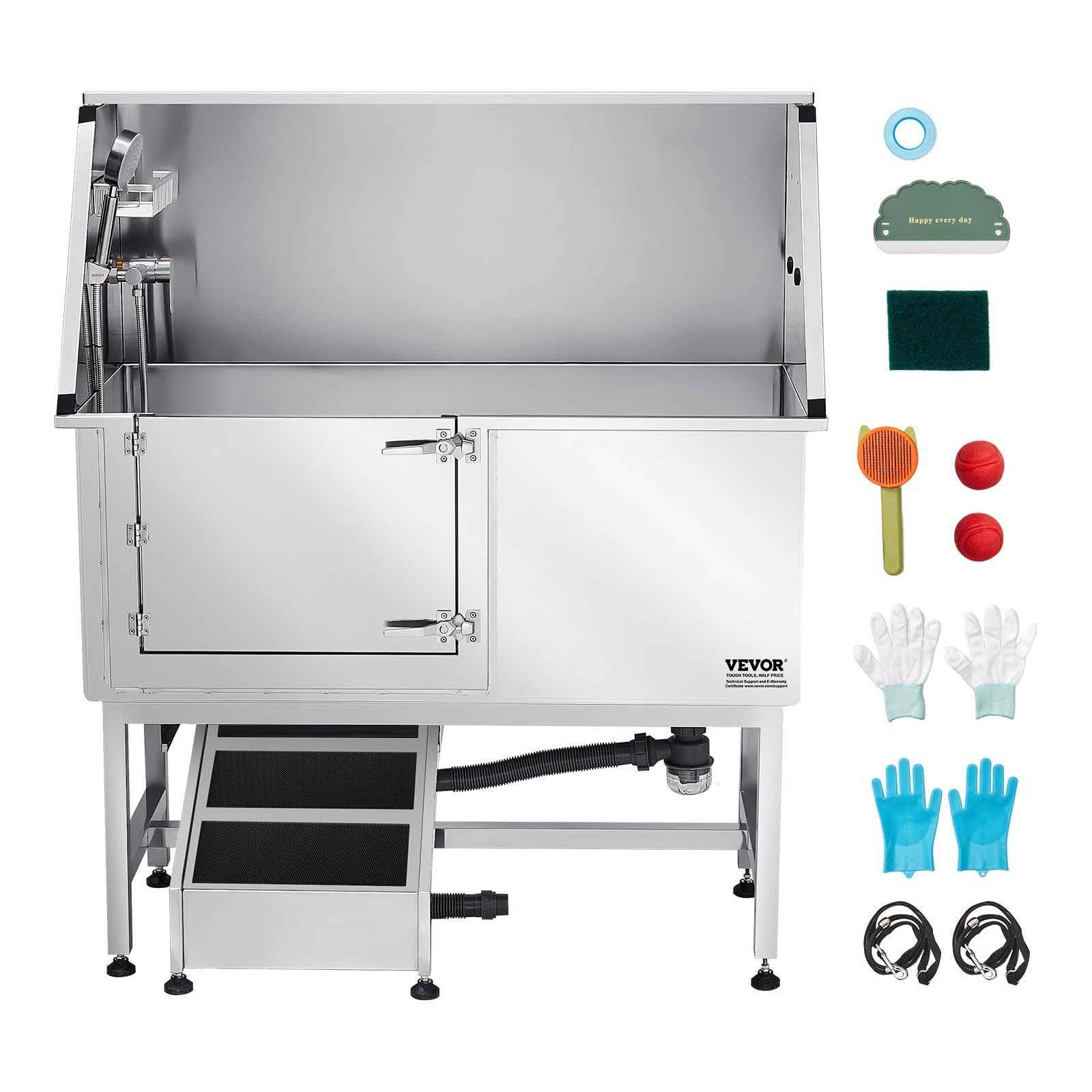 VEVOR Hundewaschstation Edelstahl, 1270x580x1495 mm Tierpflegewanne mit Rampe, PE-Wasserfilterplatte, Wasserhahn, Duschkopf & Seifenhalter, für große, mittelgroße & kleine Haustiere (Linke Tür)
