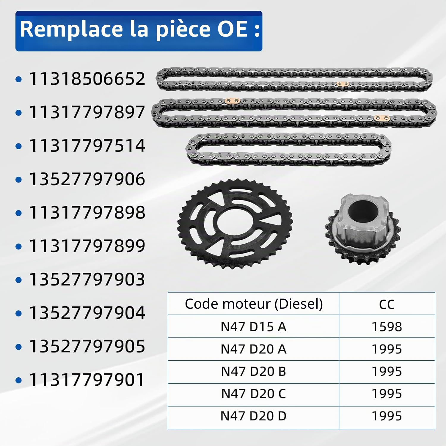 11317797898 Chaîne de synchronisation SET COMPATIBLE AVEC 3 E90 / TOURNIE E91, 4 COUPE F32 F82, 4 CABRIO F33 F83, 5 F10 F18, numéro de pièce 11317797899 13527979000 3 13. 13. 13. 13. 13131 31851851 85